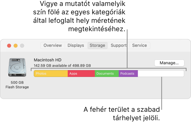 Vigye a mutatót valamelyik szín fölé az egyes kategóriák által lefoglalt hely méretének megtekintéséhez. A fehér színű rész a szabad tárhelyet mutatja.
