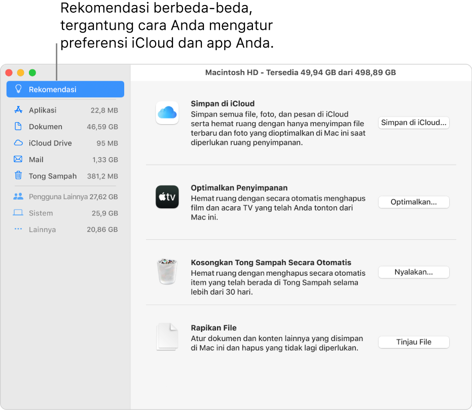 Optimalkan rekomendasi penyimpanan di panel Penyimpanan.