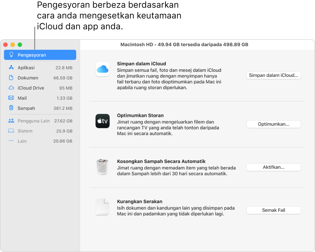Cadangan mengoptimumkan storan dalam anak tetingkap Storan.