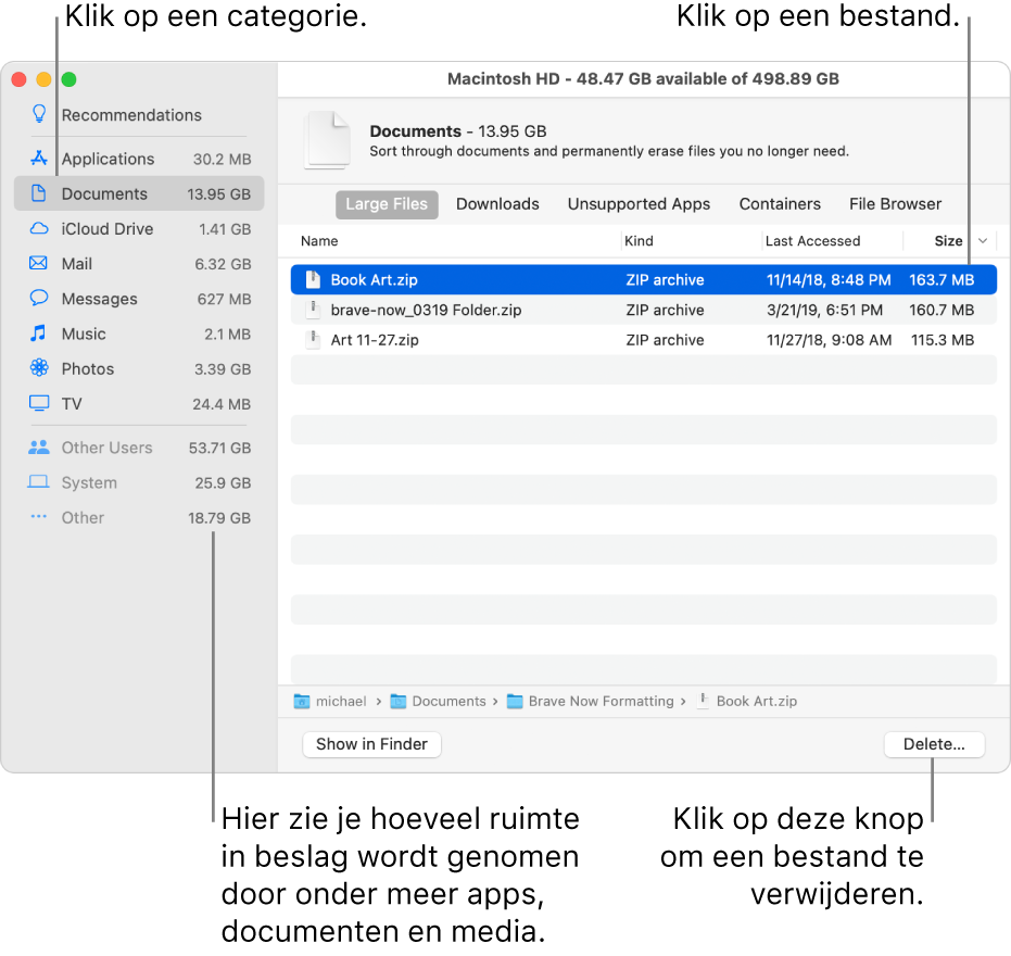 Bekijk de bestanden in de categorieën om te zien hoeveel ruimte er wordt gebruikt, om bestanden te vinden en bestanden te verwijderen die je niet langer nodig hebt.