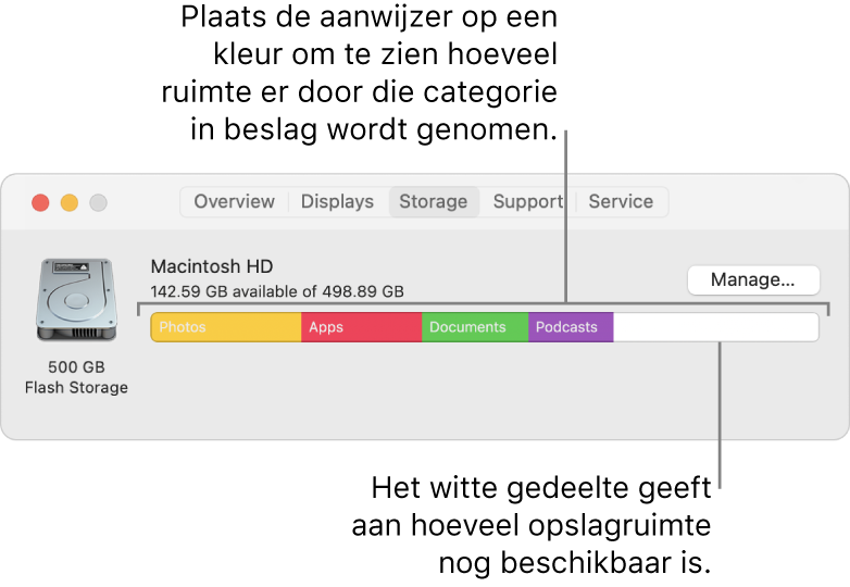 Houd de aanwijzer op een kleur om te zien hoeveel ruimte in elke categorie wordt gebruikt. Het witte gedeelte geeft aan hoeveel ruimte beschikbaar is.