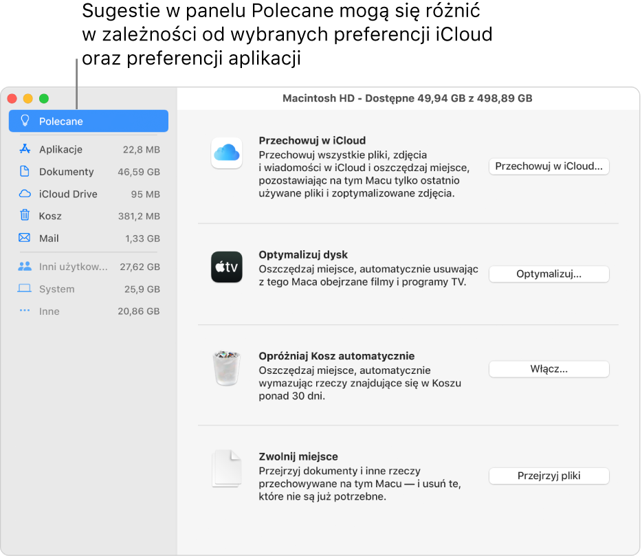 Zalecenia dotyczące optymalizacji dysku, wyświetlane w panelu Pamięć masowa.
