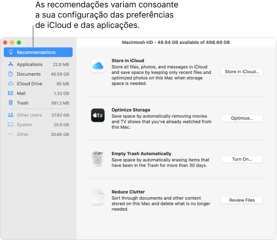 Recomendações de otimização do espaço de armazenamento no painel Armazenamento