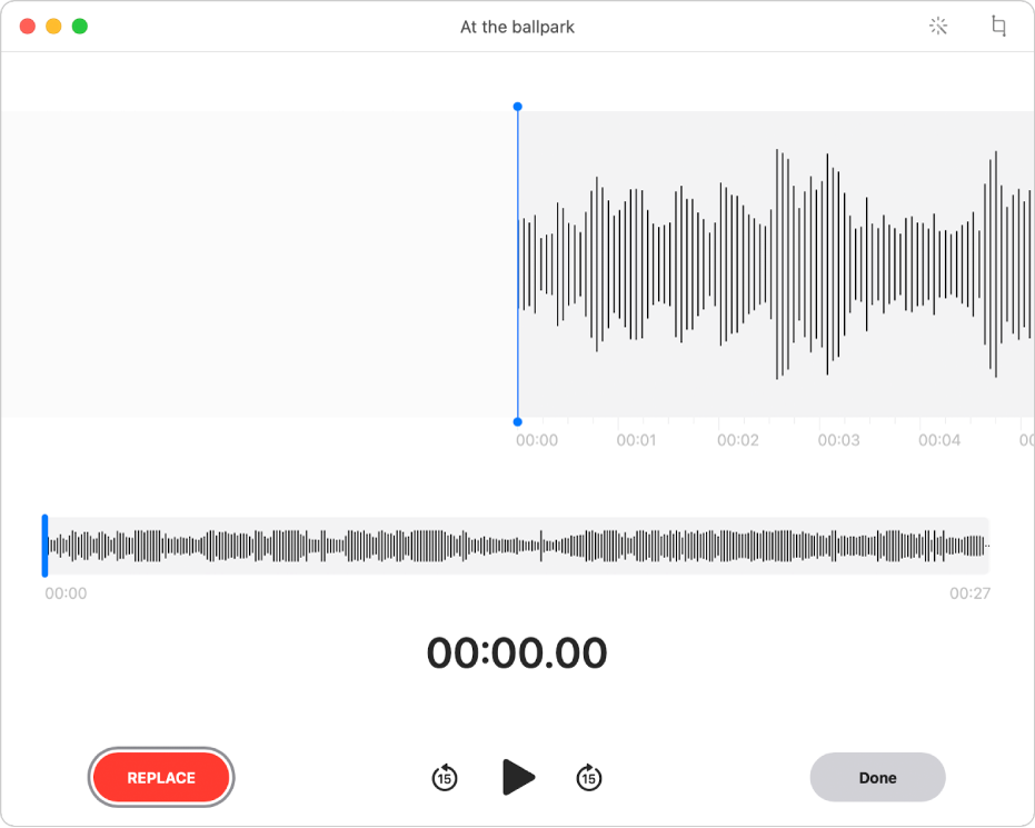 Rakaman Memo Suara. Seret garis menegak biru (penunjuk main) ke tempat yang anda mahu edit. Untuk merakam audio baru untuk menggantikan audio sedia ada, klik butang Ganti di sebelah kiri. Untuk memadamkan audio berlebihan, klik butang Potong di penjuru kanan atas.