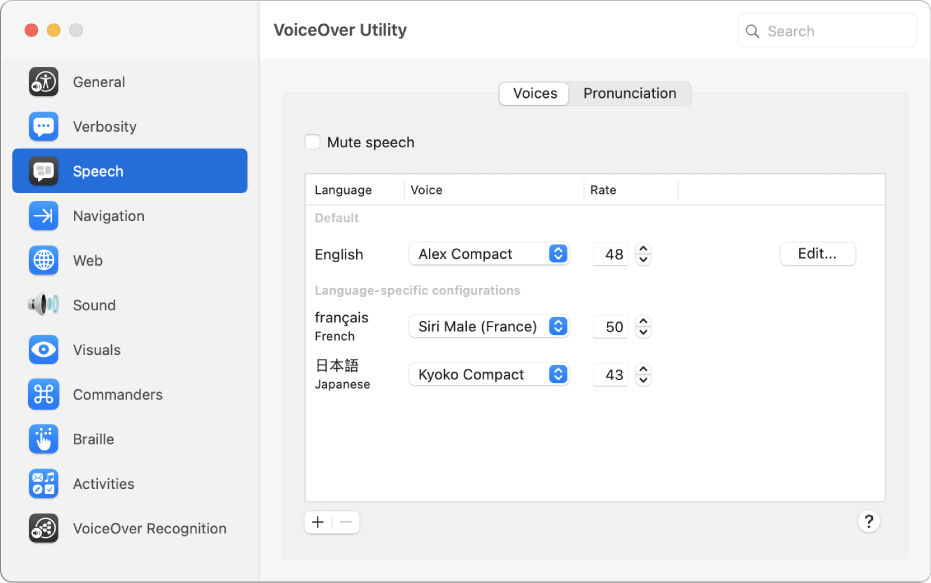 「VoiceOverユーティリティ」の「声」パネル。英語、フランス語、および日本語の声の設定が表示されています。