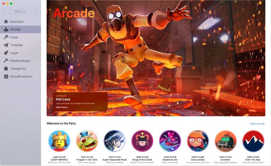 La pàgina principal de l’Apple Arcade. Per accedir‑hi, fes clic a Arcade a la barra lateral de l’esquerra.