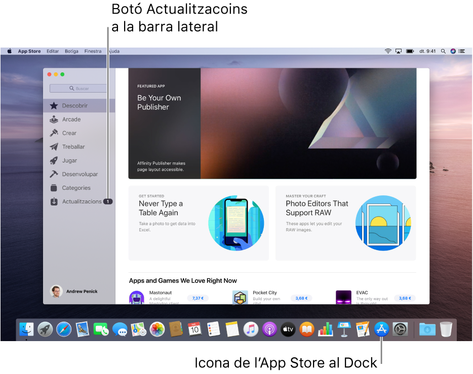 La finestra principal de l’App Store, amb una llegenda que identifica el botó Actualitzacions a la barra lateral i una altra llegenda que identifica la icona de l’App Store al Dock.