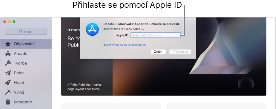 Dialogové okno pro přihlášení pomocí Apple ID v App Storu