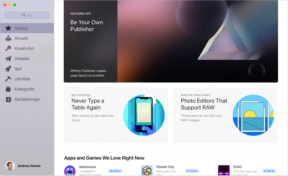 Hovedsiden for Mac App Store. Indholdsoversigten til venstre indeholder links til andre sider: Discover, Create, Work, Play, Develop, Categories og Updates. Til højre er der områder, man kan klikke på, bl.a. Behind the Scenes, From the Editors og Editors' Choice.