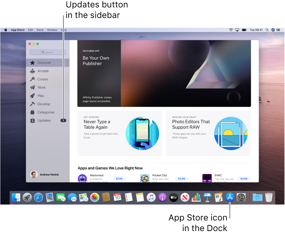 The main App Store window with a callout identifying the Updates button in the sidebar, and another callout identifying the App Store icon in the Dock.