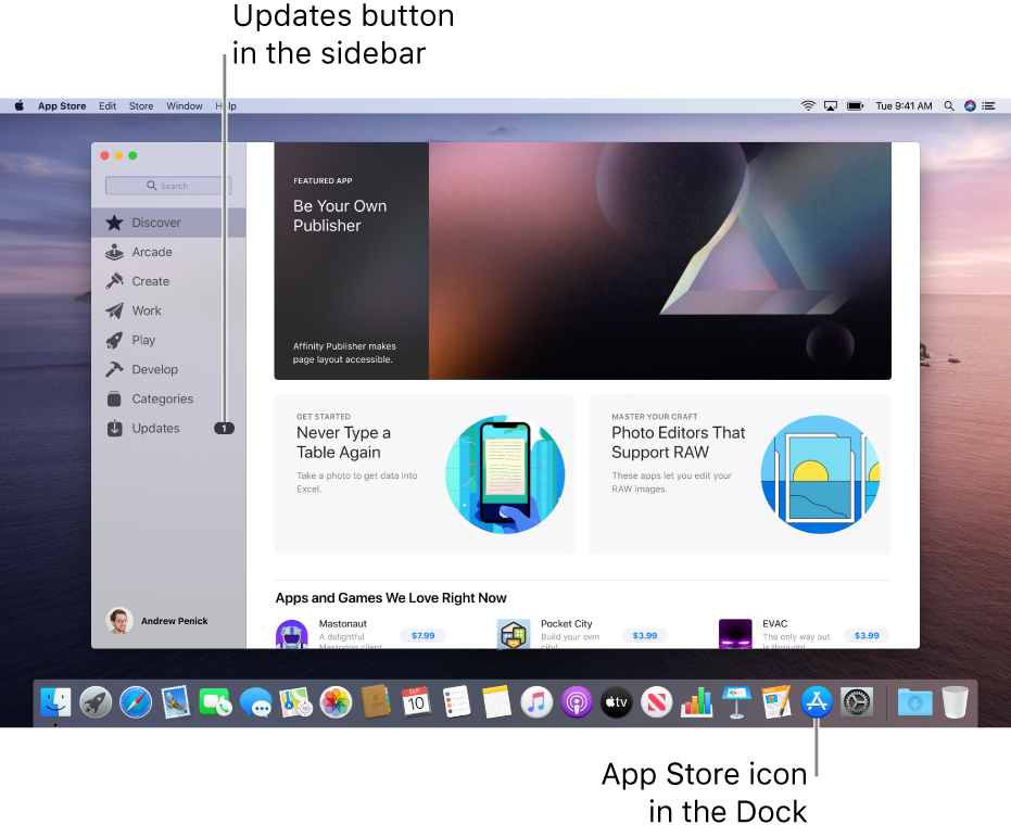 The main App Store window, with a callout identifying the Updates button in the sidebar, and another callout identifying the App Store icon in the Dock.