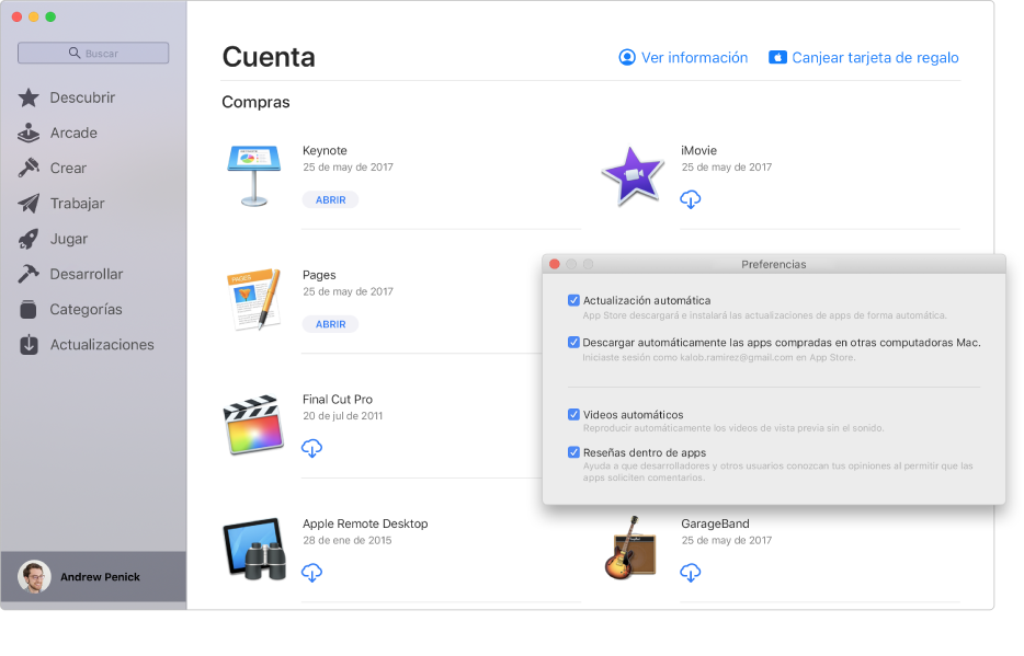 La página Cuenta de Mac App Store mostrando varias apps que se descargaron recientemente. El panel de preferencias App Store, sobrepuesta sobre la esquina inferior derecha de la página Cuenta, tiene las opciones "Actualizaciones automáticas", "Descargar automáticamente las apps compradas en otras computadoras Mac", "Videos automáticos" y "Reseñas dentro de apps" seleccionadas. En el área inferior del panel de preferencias hay menús desplegables que te permiten elegir opciones de contraseña para comprar apps y obtener descargas gratuitas.