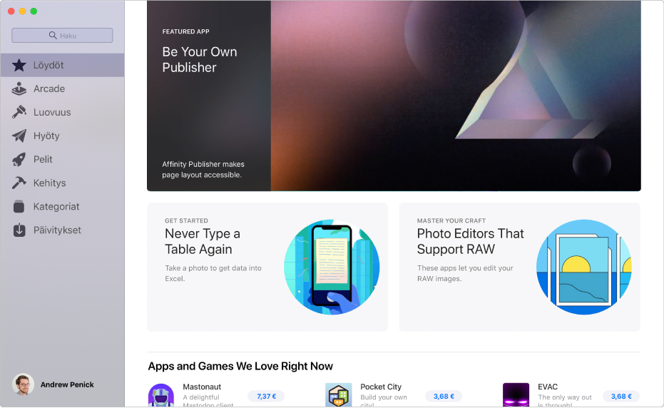 Mac App Storen pääsivu. Vasemmalla oleva sivupalkki sisältää linkkejä muihin sivuihin: Löydöt, Luovuus, Hyöty, Pelit, Kehitys, Kategoriat ja Päivitykset. Oikealla on klikattavia alueita, kuten Kulissien takana, Editoreilta ja Editorien valinta.