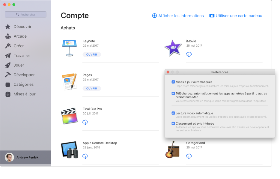 La page Compte du Mac App Store présentant plusieurs apps prêtes à être téléchargées. La sous-fenêtre Préférences de l’App Store, présentée en superposition dans le coin inférieur droit de la page Compte, dans laquelle les options suivantes sont sélectionnées : « Mises à jour automatiques », « Télécharger automatiquement les apps achetées à partir d’autres ordinateurs Mac », « Lecture vidéo automatique » et « Classement et avis intégrés ». Au bas de la sous-fenêtre se trouvent des menus locaux dans lesquels choisir des options de mot de passe pour l’achat d’apps et l’obtention de téléchargements gratuits.