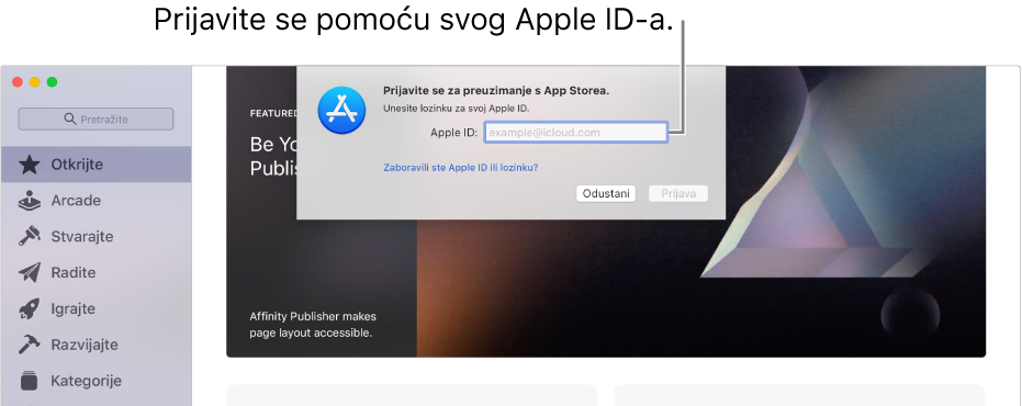 Dijaloški okvir za prijavu Apple ID-om trgovine App Store.