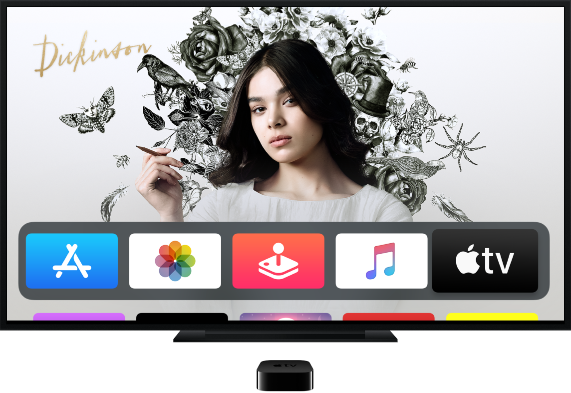 Apple TV موصول بتلفزيون يعرض الشاشة الرئيسية