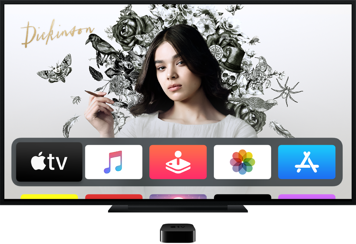 Apple TV podłączony do telewizora. Na telewizorze wyświetlany jest ekran początkowy