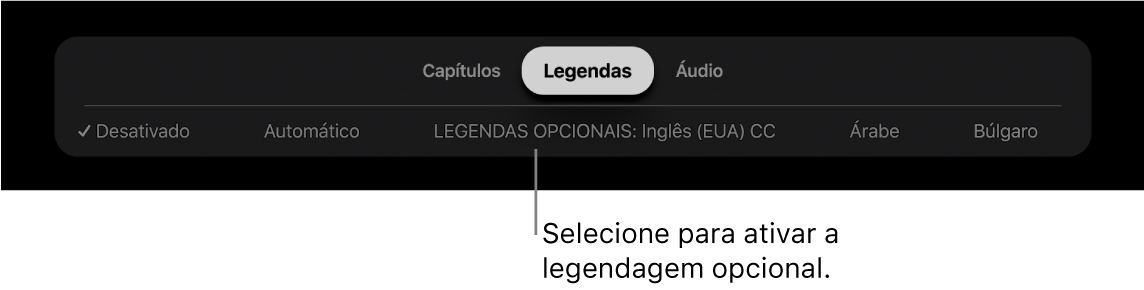 Menu Legendas durante a reprodução