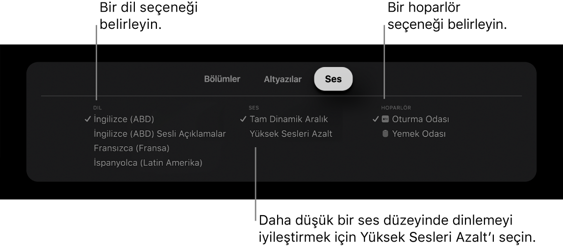 Ses aşağıda ve Yüksek Sesleri Azalt seçili gösteren Oynatma ekranı