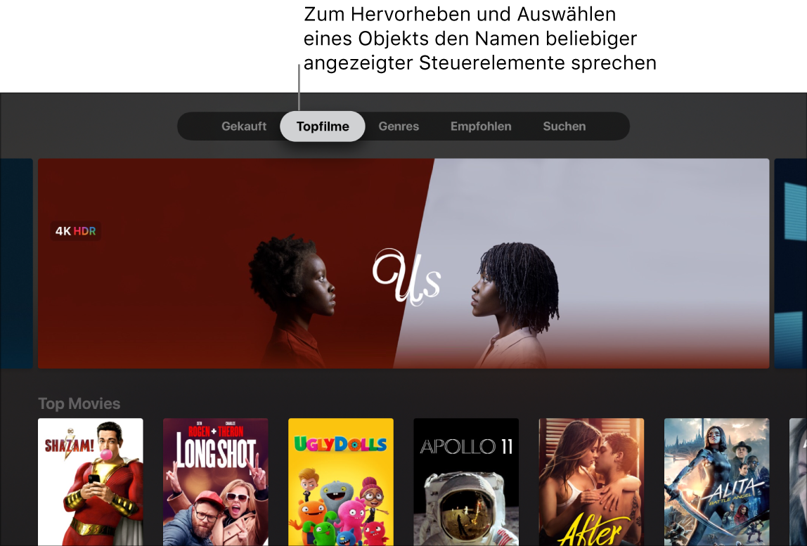 iTunes Movies Store mit Befehlen, die gesprochen werden können