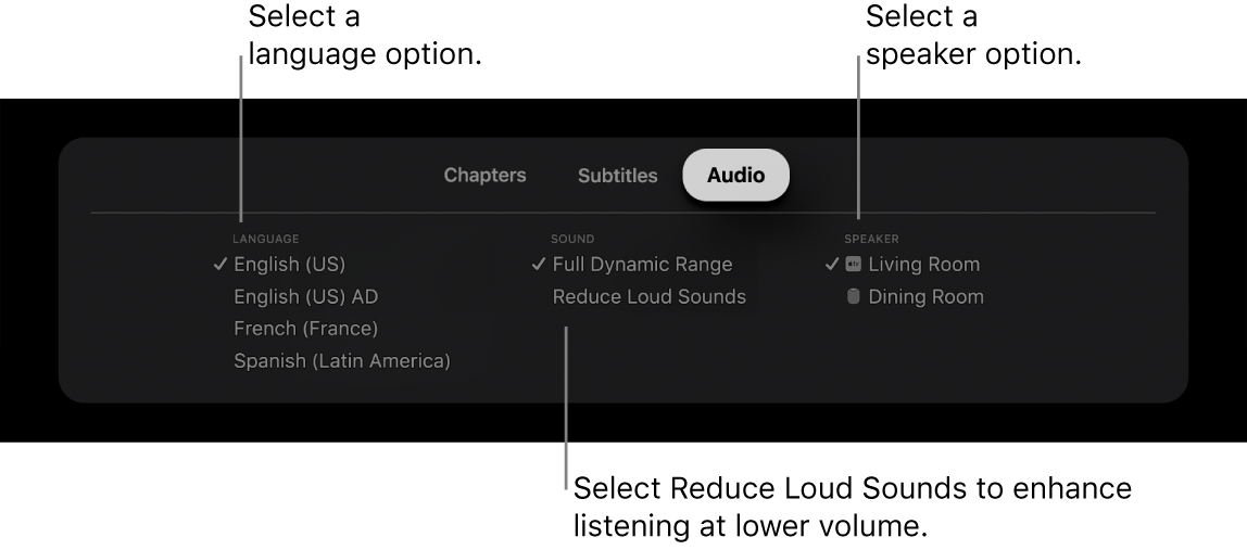Playback screen showing Audio pull-down and Reduce Loud Sounds selected