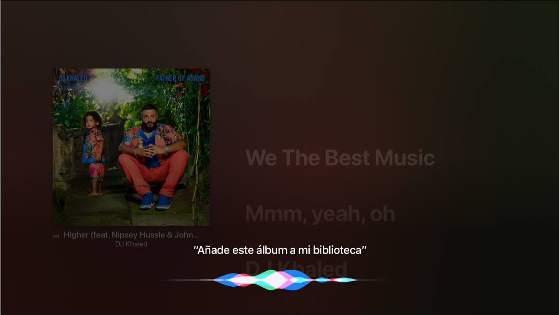 Ejemplo que muestra cómo utilizar Siri para añadir un álbum a mi biblioteca desde la pantalla “En reproducción”