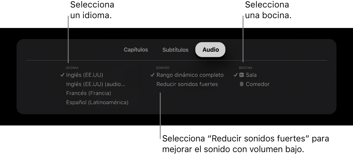 Pantalla de la reproducción mostrando el menú desplegable Audio con la opción "Reducir sonidos fuertes" seleccionada