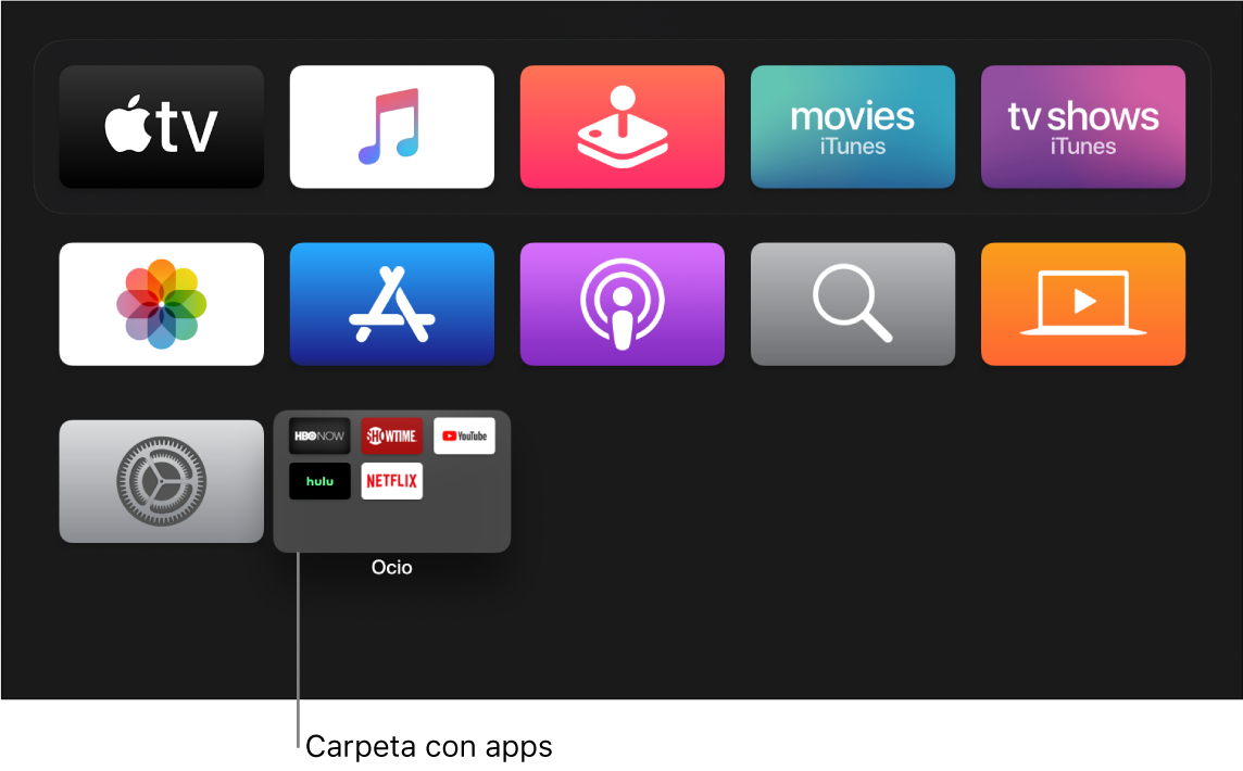 Pantalla de inicio mostrando una carpeta de apps