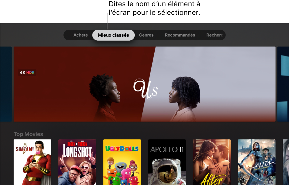 Boutique iTunes Movie affichant les commandes du menu pouvant être dictées
