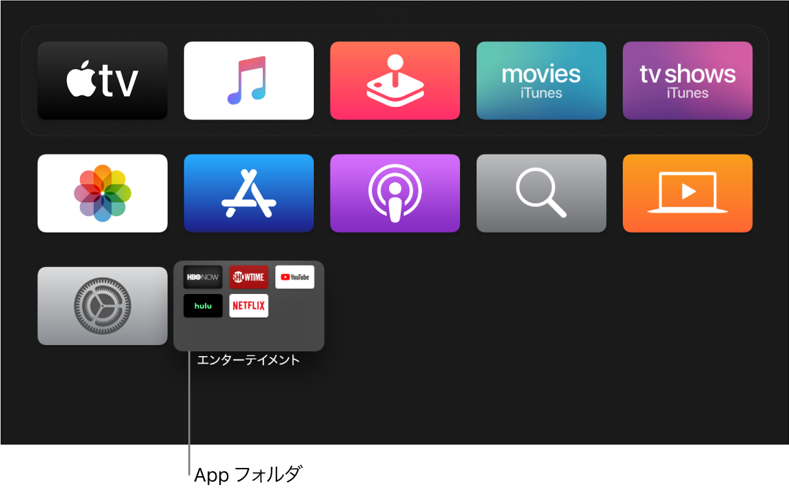 Appのフォルダが表示されているホーム画面