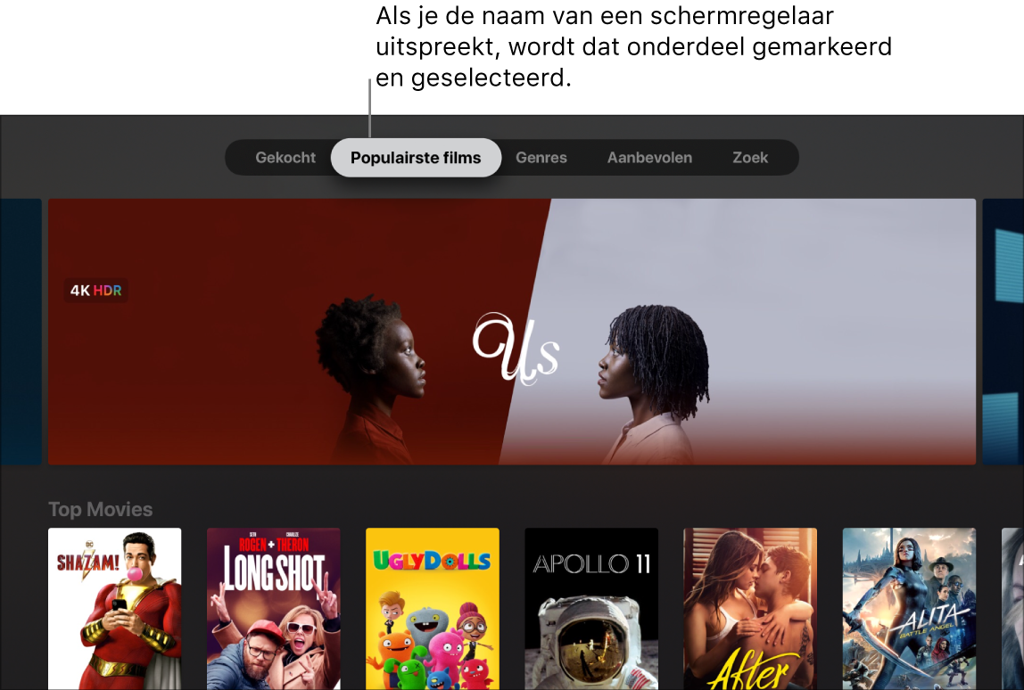 iTunes Movie Store met menucommando's die kunnen worden uitgesproken