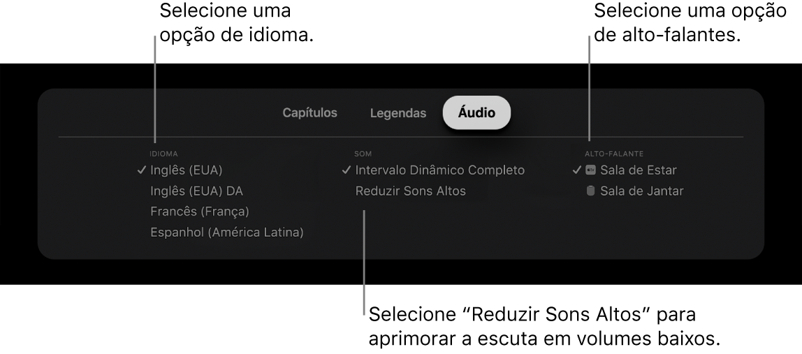 Tela de reprodução mostrando o menu Áudio e opção Reduzir Sons Altos selecionada