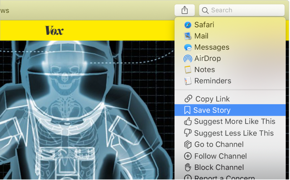 The Apple News window showing the Save Story command selected in the Share button menu.