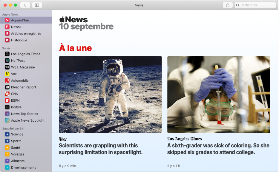 La fenêtre d’Apple News qui affiche la barre latérale sur la gauche et « À la une » sur la droite.