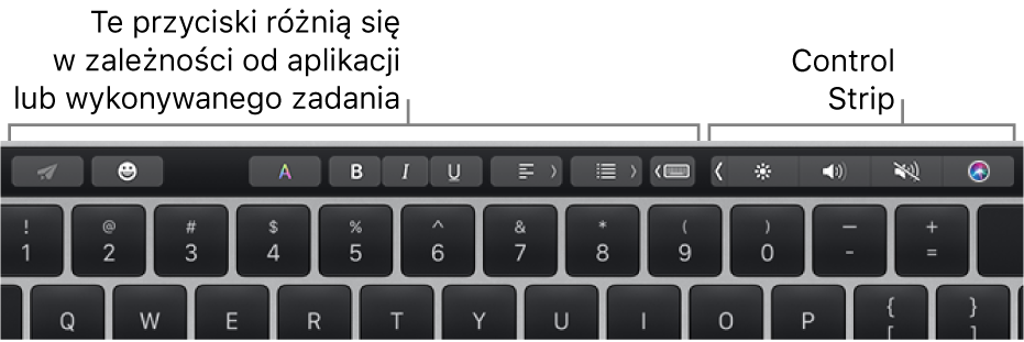 Po lewej znajduje się pasek Touch Bar zawierający przyciski, które różnią się w zależności od aplikacji lub zadania. Po prawej widoczny jest zwinięty pasek Control Strip.