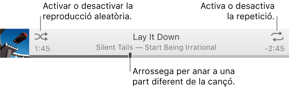 La cinta amb una cançó en reproducció. El botó Aleatori a la cantonada superior esquerra i el botó Repetir a la cantonada superior dreta. Arrossega el control lliscant per anar a una part diferent de la cançó.