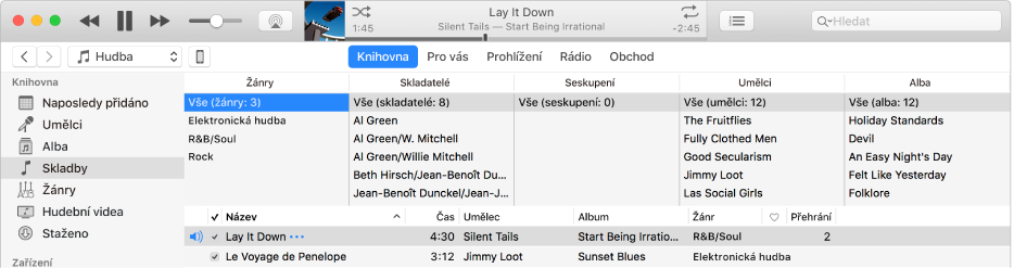 Hlavní okno iTunes: Napravo od bočního panelu nad seznamem skladeb je sloupcový prohlížeč