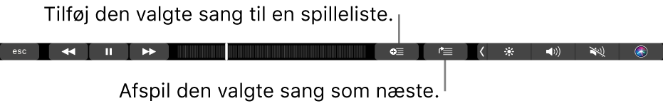 Betjeningsmuligheder til musik på Touch Bar med knapper, der bruges til at føje den valgte sang til en spilleliste og til listen Kø.
