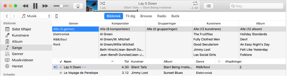 Hovedvinduet i iTunes: Kolonnebrowseren vises til højre for indholdsoversigten og over listen med sange.