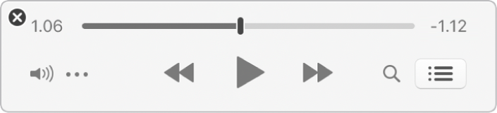 Miniafspilleren i iTunes, der kun viser betjeningspanelet, ikke albumbilleder.