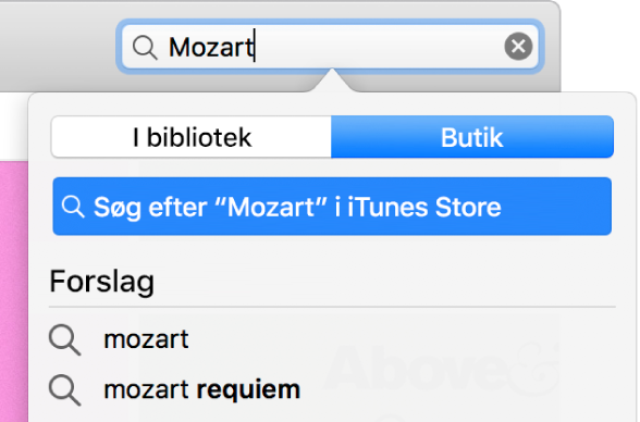 Søgefeltet med det indtastede ord “Mozart”. Butik er valgt på lokalmenuen Lokalitet.