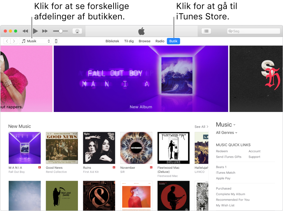 Hovedvinduet i iTunes Store: Butik er markeret på navigationslinjen. I øverste venstre hjørne kan du vælge andet indhold, du vil se i butikken (f.eks. musik eller tv).