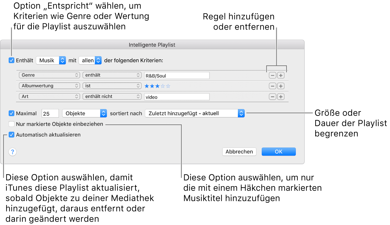 Das Fenster „Intelligente Playlist“ Wähle oben links „Enthält“ und gib die Kriterien für die Playlist an (etwa Genre oder Wertung). Durch Klicken auf die Tasten „Hinzufügen“ oder „Entfernen“ kannst du weitere Regeln hinzufügen oder Regeln entfernen. Im unteren Bereich des Fensters kannst du verschiedene Optionen auswählen, um z. B. die Größe oder Dauer der Playlist zu beschränken, um nur solche Titel aufzunehmen, die markiert sind oder um iTunes die Playlist ändern zu lassen, wenn sich Objekte in deiner Mediathek ändern.