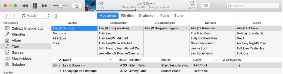 Das iTunes-Hauptfenster: Der Spaltenbrowser wird rechts neben der Seitenleiste und über der Titelliste angezeigt.