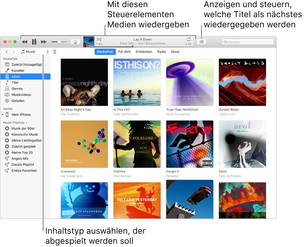 Das Hauptfenster der iTunes-Mediathek: Wähle im Navigationsbereich die Art der Medien aus, die du abspielen willst (z. B. Musik). Verwende die Steuerelemente im Banner oben, um deine Medien abzuspielen, und das Einblendmenü „Als Nächstes“ rechts, um die Mediathek auf andere Weise anzuzeigen.