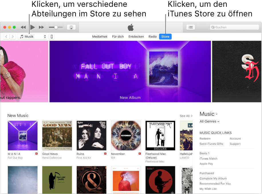 Das Hauptfenster des iTunes Store In der Navigationsleiste ist „Store“ hervorgehoben. In der Ecke oben links kannst du andere Inhalte im Store auswählen (etwa Musik oder TV-Sendungen).
