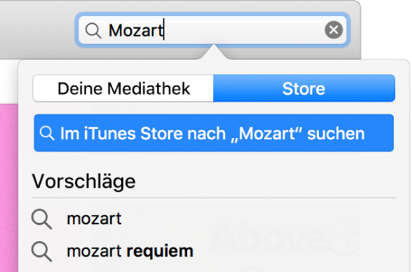 Das Suchfeld mit eingegebenem Suchbegriff „Mozart“ Einblendmenü „Ort“ mit ausgewählter Option „Store“