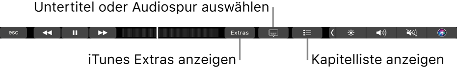 Die Touch Bar-Bedienelemente für Filme mit Tasten für iTunes Extras, Untertitel und die Kapitelliste