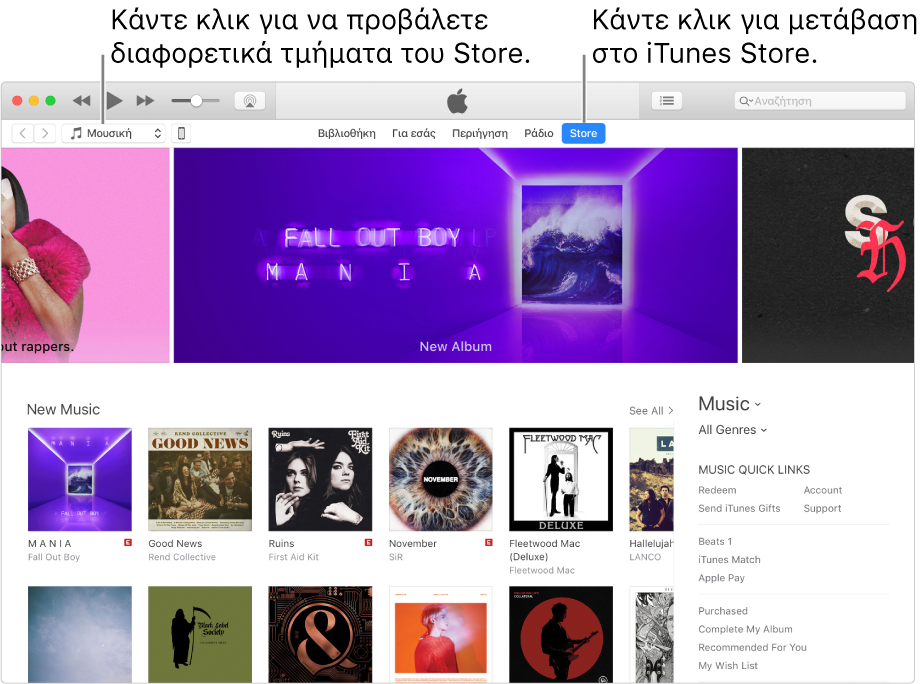 Το κύριο παράθυρο του iTunes Store: Στη γραμμή πλοήγησης, το Store είναι επισημασμένο. Στην επάνω αριστερή γωνία, επιλέξτε την προβολή διαφορετικού περιεχομένου στο Store (όπως Μουσική ή Εκπομπές).