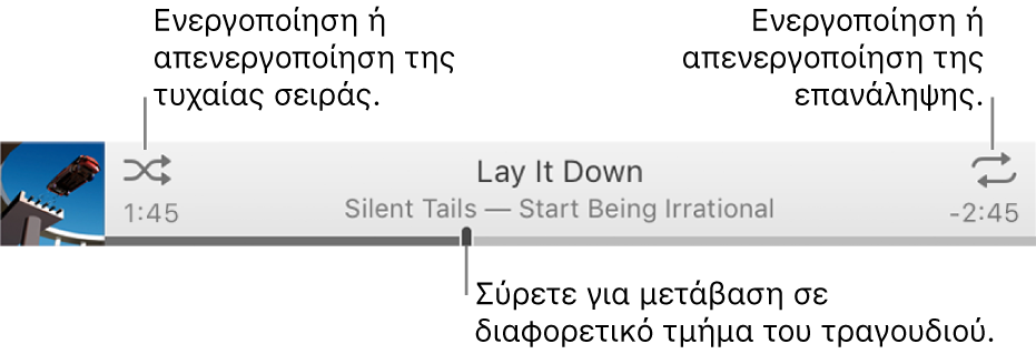 Το μπάνερ με ένα τραγούδι που αναπαράγεται. Το κουμπί «Τυχαία σειρά» βρίσκεται στην επάνω αριστερή γωνία και το κουμπί «Επανάληψη» βρίσκεται στην επάνω δεξιά γωνία. Σύρετε τη γραμμή αναπαραγωγής για μετάβαση σε διαφορετικό τμήμα του τραγουδιού.